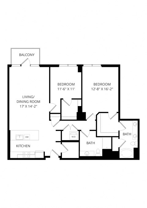 Floor plan for 2 beds, 2 baths, 1370 sqft